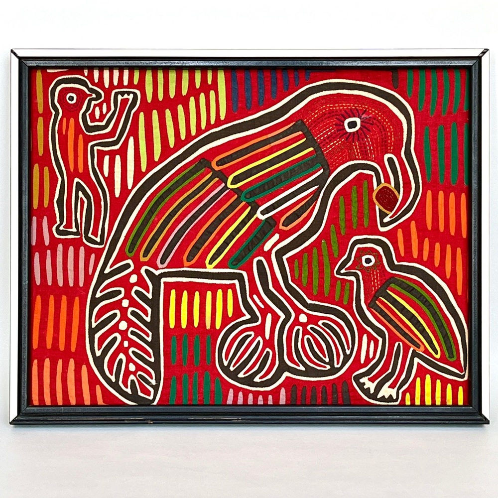 Vintage Mola Textile Kuna / Guna Art Colorful Bird Motif in Mid Century Frame
